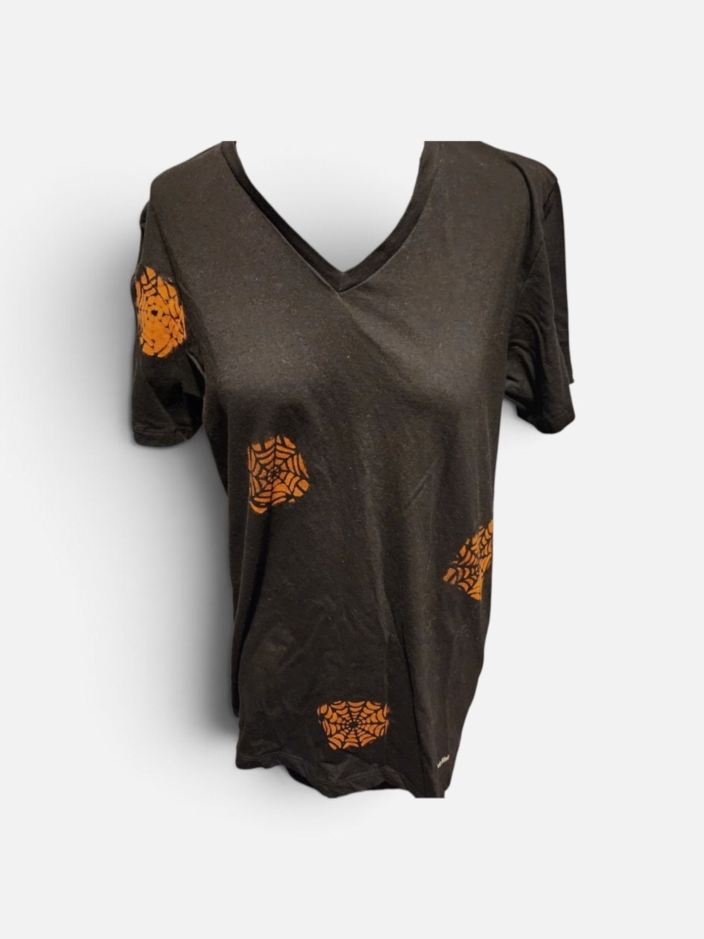 Black V-Neck Tee with Orange Web Accents